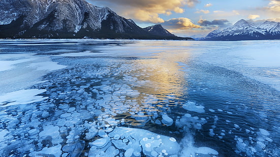 โต๊ะไม้สีน้ำตาลและดำน้ำแข็งทะเลสาบฤดูหนาวธรรมชาติภูมิทัศน์, วอลล์เปเปอร์ HD HD wallpaper