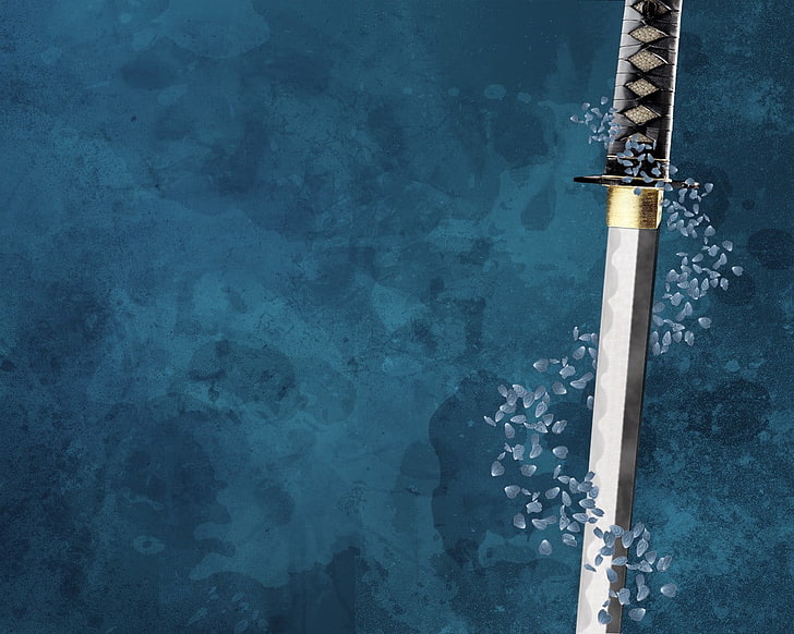 Silber Katana mit schwarzem Griff, blau, Hintergrund, Blütenblätter, Schwert, HD-Hintergrundbild
