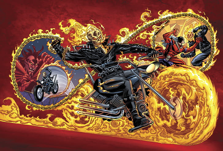 fire, Ghost Rider, bike, art, Marvel, chains, Mephisto, by Benny Fuentes, HD wallpaper