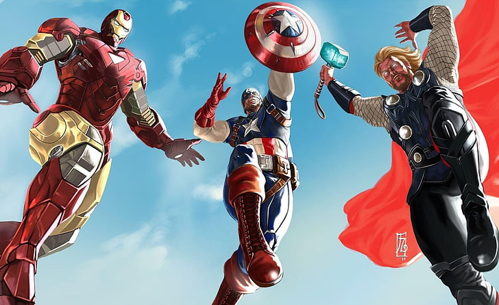 Мстители - Железный Человек, Капитан Америка и ..., Железный Человек, Капитан Американец и Тор Одинсон Обои, Фильмы, Мстители, произведение искусства, 2012, Железный человек, Капитан Америка, Тор, Супергерой, HD обои