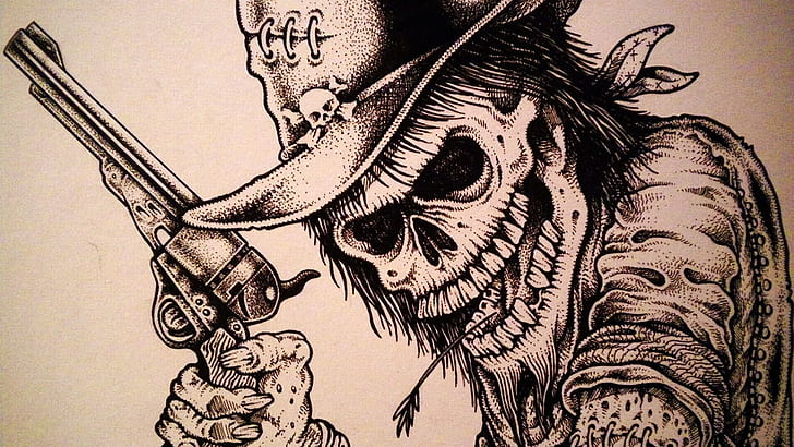 crânio, chapéus de cowboy, revólver, trabalho artístico, HD papel de parede