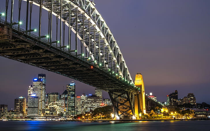 シドニーハーバーブリッジ、オーストラリア、シドニーハーバーブリッジ、オーストラリア、シドニー、橋、夜の街、 HDデスクトップの壁紙