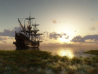 سفينة جاليون بنية اللون ، مياه ، شمس ، سفينة، خلفية HD HD wallpaper