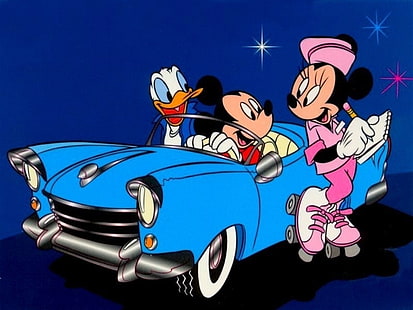 Mickey mouse, schöne karikatur, klassisch, auto, mickey mouse minnie mouse und donald duck Vektorgrafik, mickey mouse, schöne karikatur, klassisch, auto, HD-Hintergrundbild HD wallpaper