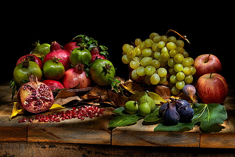  Fruits, Fruit, Apple, Fig, Grapes, Pomegranate, Still Life, HD wallpaper HD wallpaper
