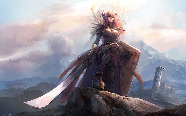 woman holding sword and shield character digital wallpaper, girl, light, mountains, sword, armor, shield, League of Legends, Leona, LoL, HD wallpaper