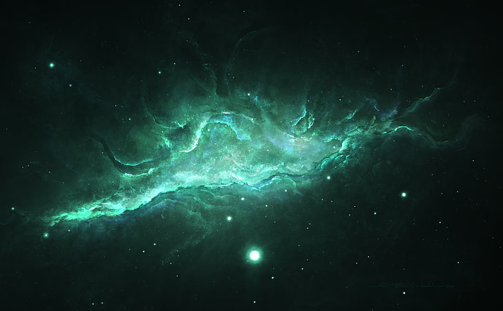 Neon Void, grüner Nebel, Weltraum, Galaxie, Grün, Sterne, Ultrahd, Starkiteckt, Spaceart, HD-Hintergrundbild