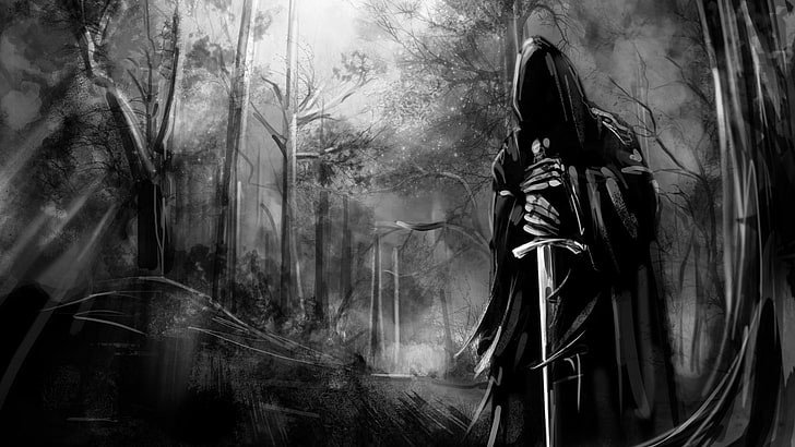 osoba ubrana w szatę trzymająca miecz tapeta cyfrowa, Nazgûl, Władca Pierścieni, grafika fantasy, Tapety HD