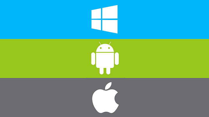 Logotipos de Windows, Android y Apple, computadora, tira, manzana, logotipo, teléfono, emblema, Windows, tableta, Android, gadget, sistema operativo, Fondo de pantalla HD