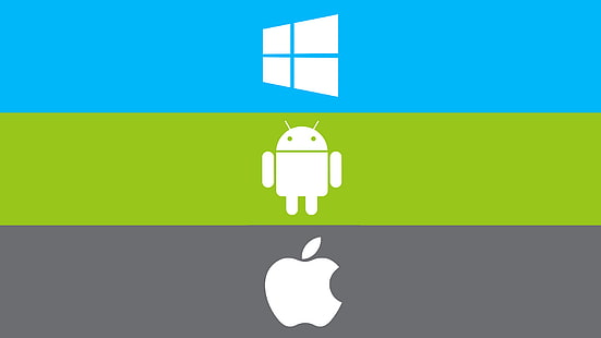 Logotipos de Windows, Android y Apple, computadora, tira, manzana, logotipo, teléfono, emblema, Windows, tableta, Android, gadget, sistema operativo, Fondo de pantalla HD HD wallpaper