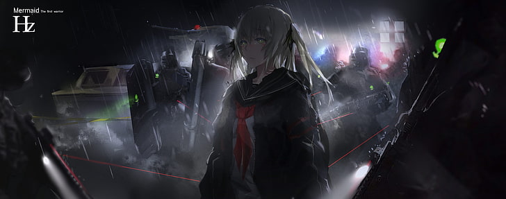 anime girl, soldiers, raining, dark theme, guns, Anime, HD wallpaper