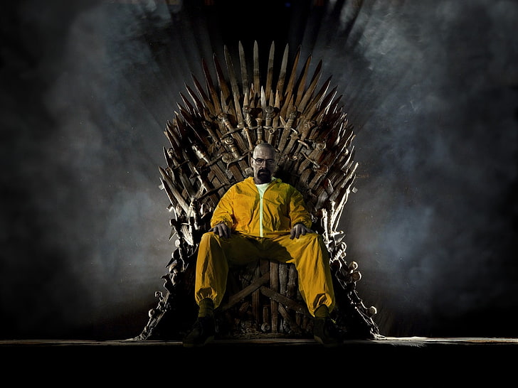 Game of Thrones стол и мъжко жълто яке с цип, Breaking Bad, Game of Thrones, Iron Throne, Walter White, кросоувър, HD тапет
