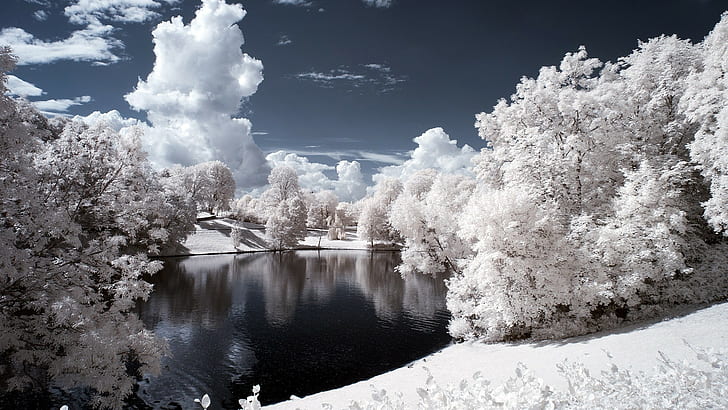 clouds, lake, infrared, simple background, nature, snow, winter, simple, landscape, trees, pond, HD wallpaper