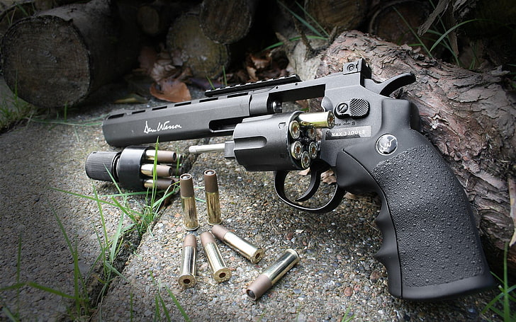 black revolver pistol, gun, ammunition, pistol, revolvers, Airsoft, weapon, HD wallpaper