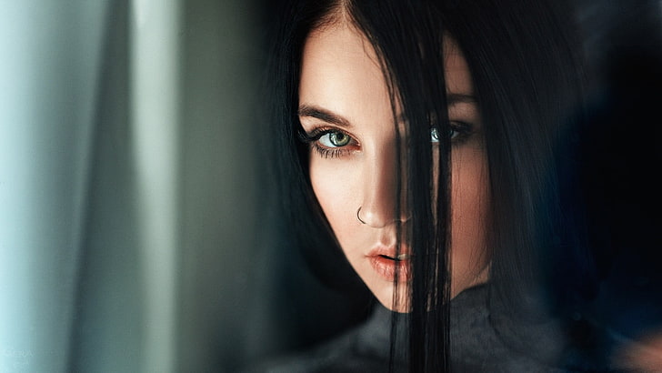 Georgy Chernyadyev, wanita, model, rambut panjang, rambut hitam, Alla Berger, mata, wajah, menusuk, Wallpaper HD