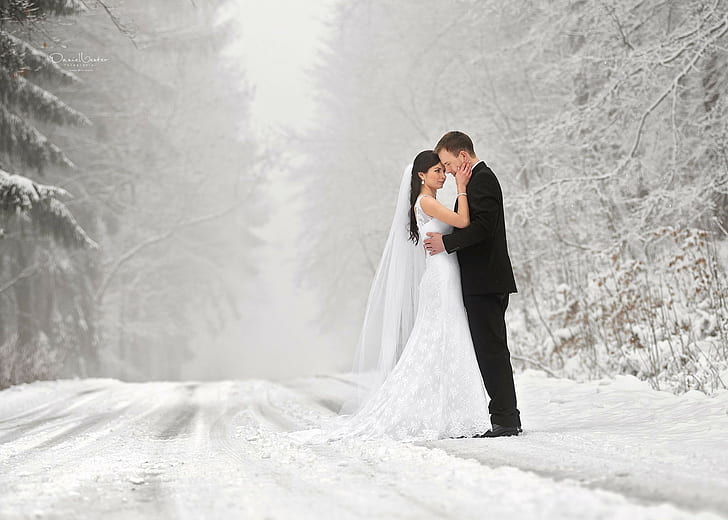 結婚式、ウェディングドレス、スーツ、結婚、冬、雪、道路、 HDデスクトップの壁紙