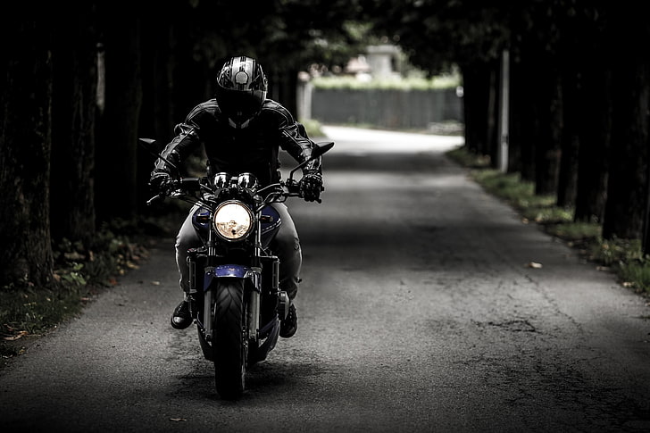 black motorcycle jacket, motorcyclist, motorcycle, biker, helmet, movement, HD wallpaper