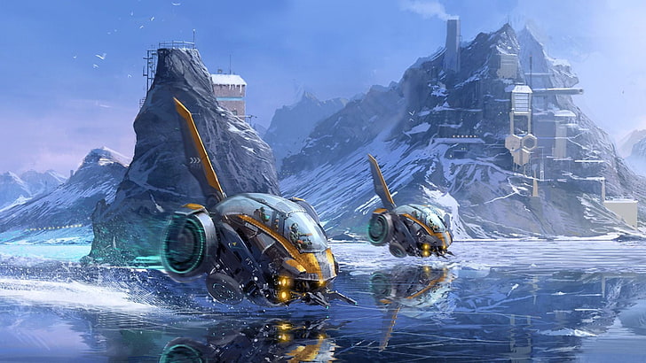 gray and yellow spaceship digital wallpaper, artwork, spaceship, concept art, futuristic, ice, planet, science fiction, HD wallpaper