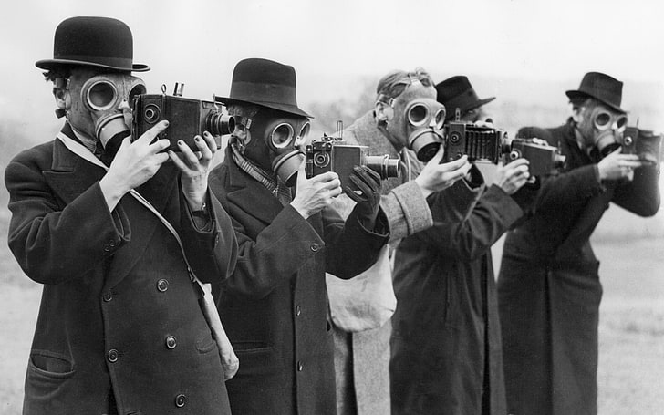 grayscale photo of men wearing gas masks and holding cameras, gas masks, camera, monochrome, HD wallpaper
