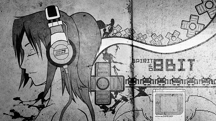 8Bit мультипликационный персонаж плакат, наушники, монохромный, GameBoy, Nintendo, работа, закрытые глаза, женщины, цифровое искусство, видеоигры, музыка, HD обои