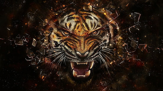 тигр, стекло, битое стекло, осколки, лицо, зубы, животные, произведения искусства, цифровое искусство, HD обои HD wallpaper