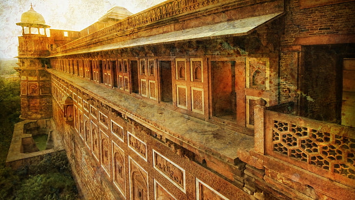 茶色のコンクリートの高層ビル、インド、アグラ城塞、宮殿、HDR、 HDデスクトップの壁紙