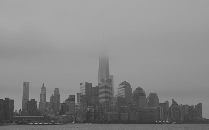 kabut, monokrom, One World Trade Center, pencakar langit, kota, kota, bangunan, air, Kota New York, Wallpaper HD