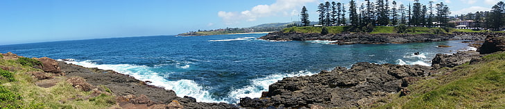 beach, sea, rocks, wide angle, panorama, bay, HD wallpaper