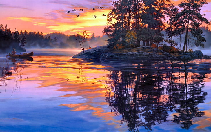 art, birds, boats, bush, clouds, darrell, fishing, fog, islands, lakes, paintings, people, reflection, sky, sunrise, sunset, water, HD wallpaper