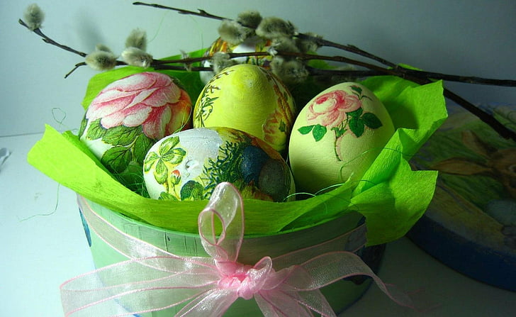 Holiday, Easter, Basket, Colorful, Easter Egg, Egg, Pussy Willow, Ribbon, HD wallpaper