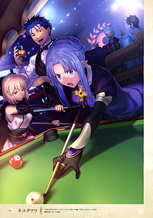 blue-haired woman playing billiard anime character wallpaper, Fate Series, Fate/Stay Night, Fate/Grand Order, Caster (Fate/Stay Night), Saber, Lancer (Fate/Stay Night), Shirou Emiya, Archer (Fate/Stay Night), Sakura Saber, HD wallpaper HD wallpaper