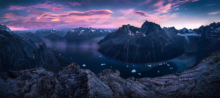 clouds, Fjord, Greenland, ice, landscape, mountain, nature, Panoramas, rock, sky, sunset, HD wallpaper