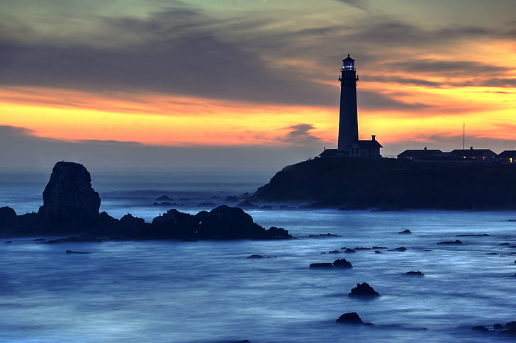silhouette of lighthouse during sunset, Lighthouse, blues, silhouette, sunset, HDR, NEX-6, SEL-55210, Photomatix, California, dusk, clouds, cloudy, outdoor, shore, seaside, coast, ocean  Pacific, Pacific Ocean, Pigeon Point Lighthouse, red  orange, water, rocks, sea, sky  tower, architecture, serene, Pescadero, waterfront, coastline, beach, rock - Object, famous Place, sky, HD wallpaper