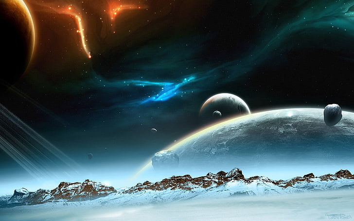 Planeten illustraion, Raum, Planet, Raumkunst, digitale Kunst, Landschaft, Berge, Sterne, HD-Hintergrundbild