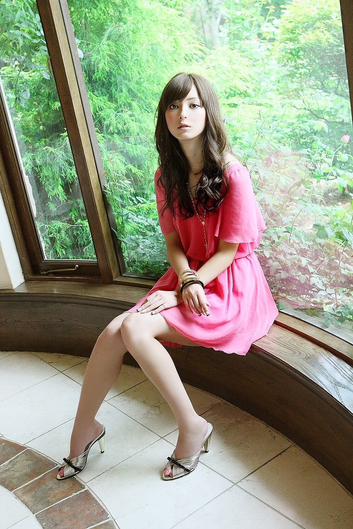 Sasaki Nozomi, model, Asian, Japanese, women, sitting, high heels, window, brunette, dress, pink, HD wallpaper