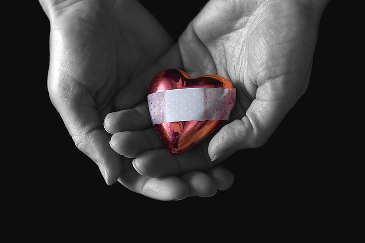 red heart with bandaid ornament, Love, Hands, Heart, The patch, HD wallpaper