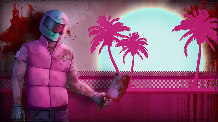 palm trees, blood, helmet, cleaver, Hotline Miami, HD wallpaper