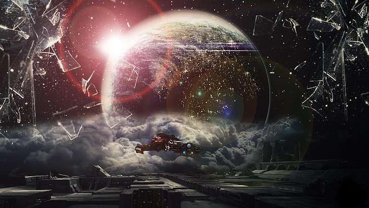schwarzes Raumschiff auf Raumtapete, Grafik, digitale Kunst, Raumschiff, futuristisch, defektes Glas, StarCraft, Science Fiction, HD-Hintergrundbild