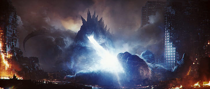 Godzilla, King Kong, creature, battle, fantasy art, kaiju, HD wallpaper