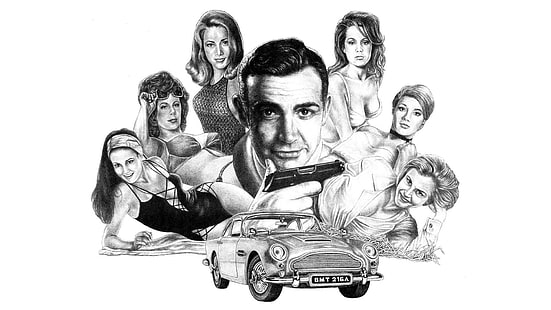 007 James Bond Aston Martin Menggambar BW White Sean Connery HD, sketsa james bong dengan 56 gadis, digital / karya seni, menggambar, putih, bw, martin, aston, james, bond, 007, sean, connery, Wallpaper HD HD wallpaper