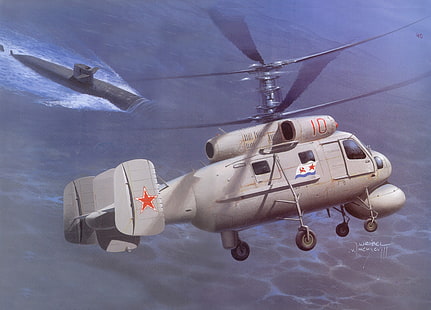 море, небо, вода, лодка, рисунок, вертолет, подводный, советский, противолодочный, корабль, дом, Ка-25, HD обои HD wallpaper