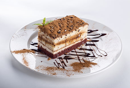piatto di tiramisù, torta, soufflé, panna, cioccolato, Sfondo HD HD wallpaper