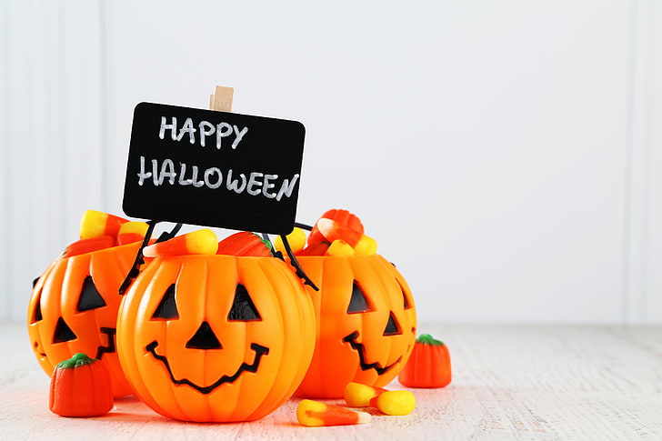 orange-and-black Jack-o'-lantern decors, sweets, Halloween, pumpkin, smile, holiday, Happy, HD wallpaper