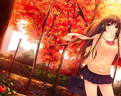 светловолосая девушка аниме персонаж, бежевый одетый аниме девушка персонаж держит черный чемодан, аниме девушки, школьная форма, осень, HD обои HD wallpaper