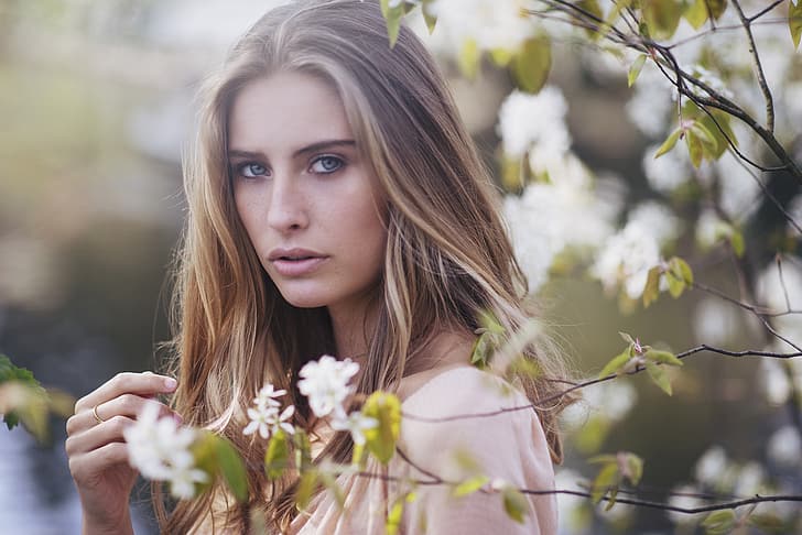 look, branches, face, spring, Camille Rochette, HD wallpaper