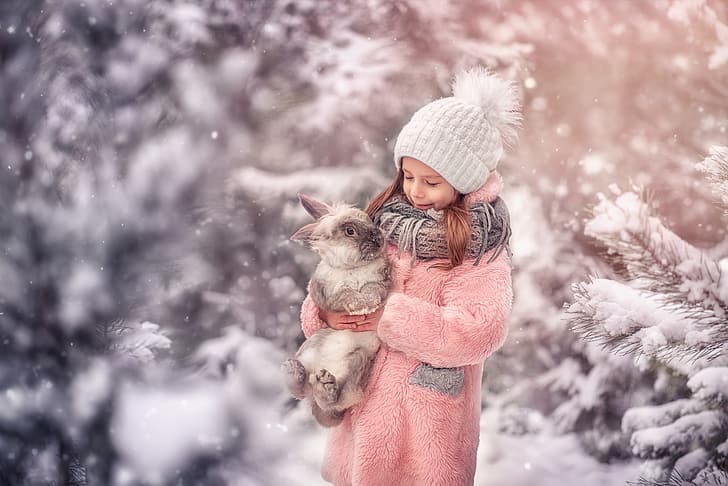 winter, snow, hat, rabbit, girl, friends, coat, Марта Козел, HD wallpaper