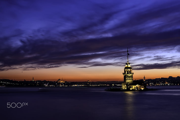 фотография, град, Истанбул, Kız Kulesi, 500px, градски светлини, вечер, виолетово, HD тапет