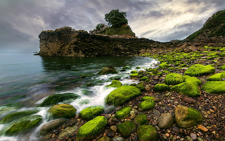 nature, landscape, water, sea, rock, moss, clouds, coast, stones, waves, cliff, pebbles, HD wallpaper