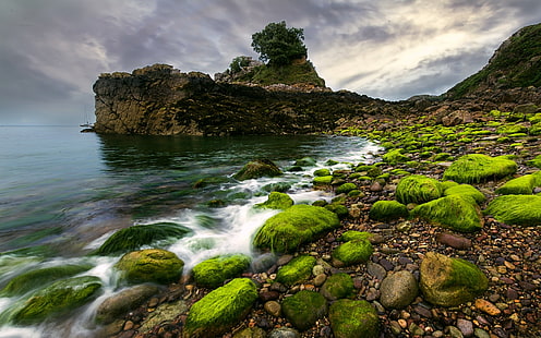 nature, paysage, eau, mer, rocher, mousse, nuages, côte, pierres, vagues, falaise, cailloux, Fond d'écran HD HD wallpaper