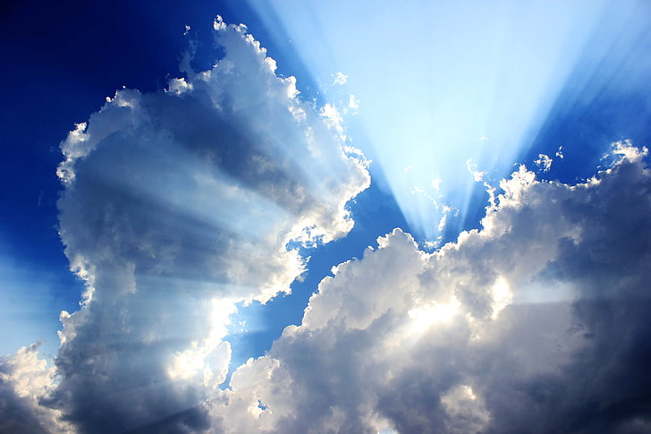 white clouds and blue sky, clouds, blue, Sun, sunlight, photography, nature, sun rays, sky, HD wallpaper